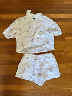 Zara White Eyelet Two-Piece Top & Shorts Set with Pink Floral Embroidery
